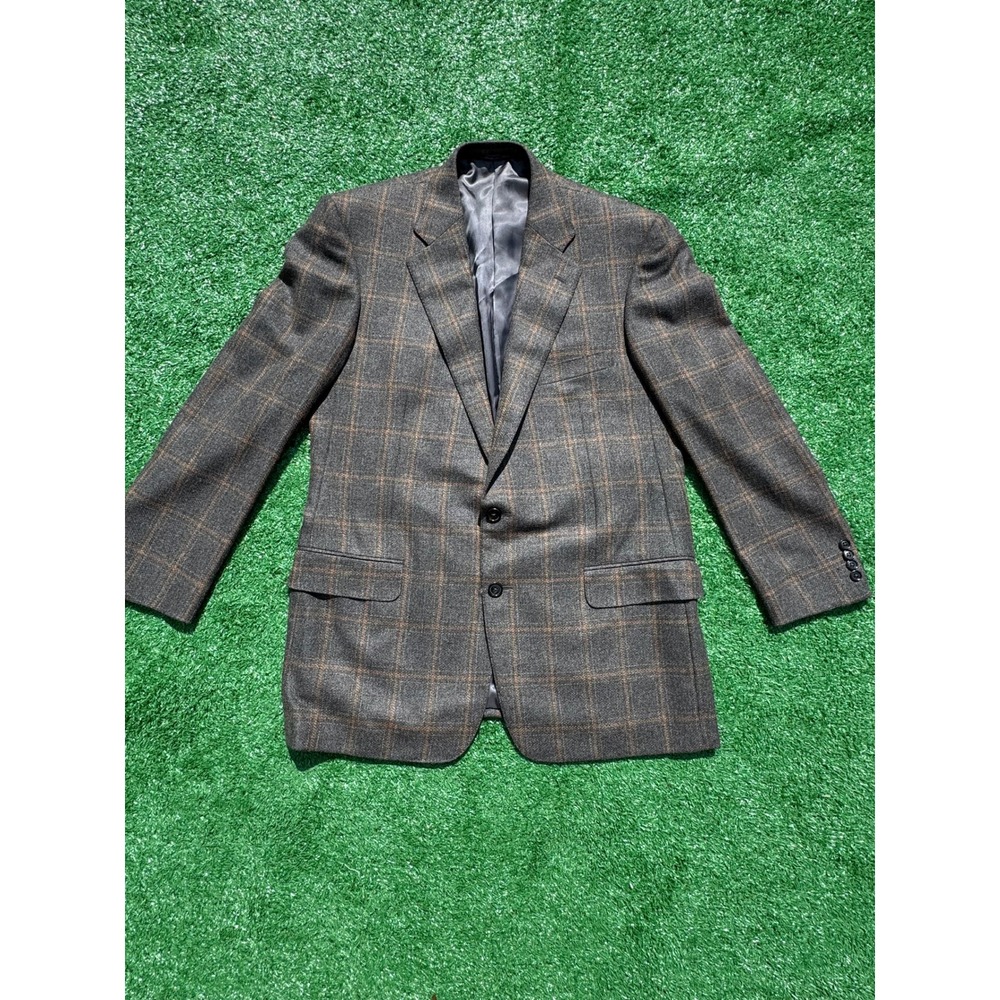 Ermenegildo Zegna Cashmere Blazer Mens Gray Orange Windowpane Plaid Sport Coat